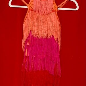 Weissman Fringe Halter Dress in Orange and Pink